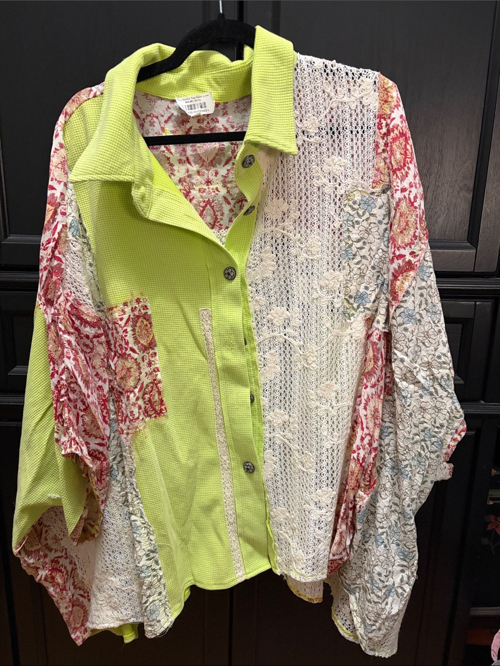 POL Mixed Print Button-Down Shirt in Lime Green, Cream, Red